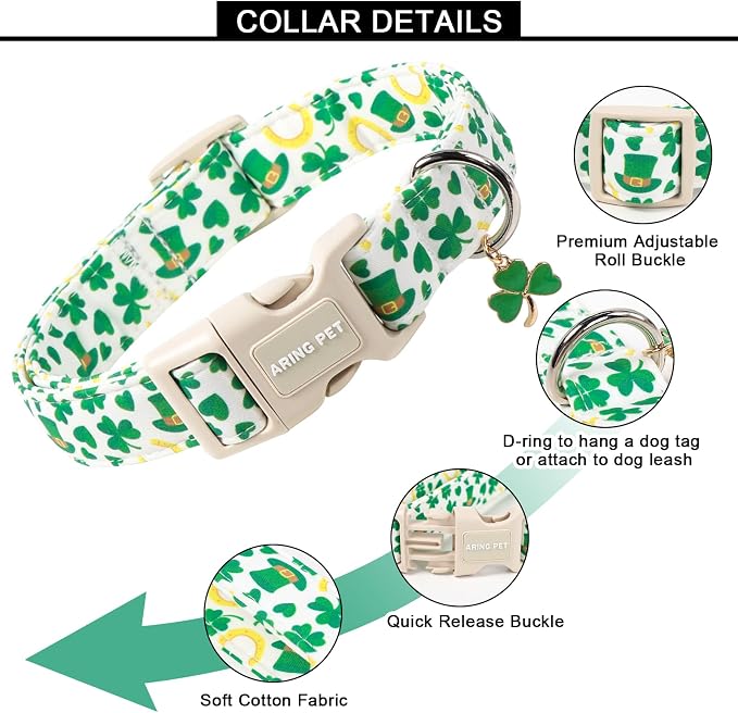 ARING PET St Patrick's Day Collar for Dog, Cute Green Lucky Clover Hat Shamrock Puppy Pet Collars for Small Medium Large Boy Girl Dogs-L