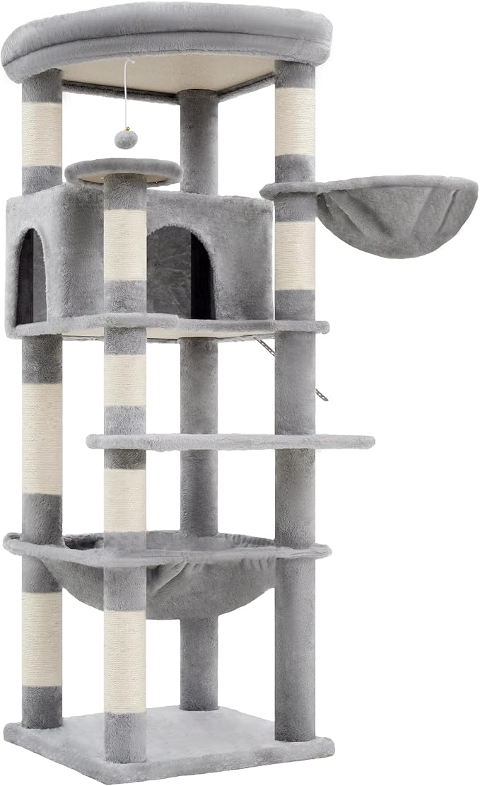 Heybly 53.1" Corner Cat Tree for Large Cats – Interactive Play HCT029W | Sturdy Cat Tower with Cozy Cat Condo, Fan-Shaped Top Perch, Basket, Hammock & Solid Base, Light Gray
