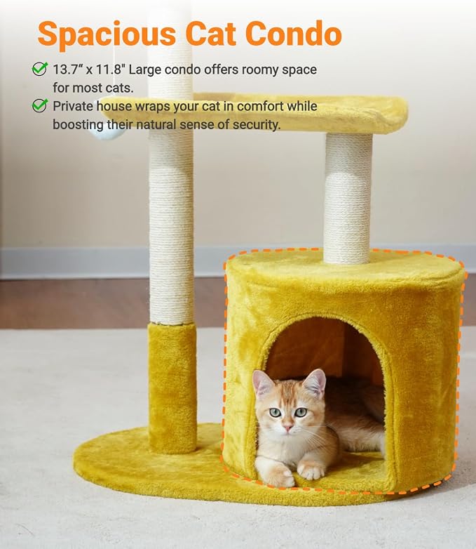33" Cloud Cat Tree Tower, Cozy Bed & Large Condo for All Cats | 33" Multi-Level Cat Tower, Scratching Posts, Viewing Perch & Toys, Stable Structure, Padded Bed, 13.7"x11.8" Cat Condo