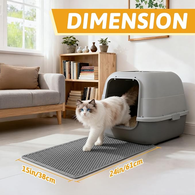Pieviev Cat Litter Mat, Double-Layer Waterproof Litter Trap, 24" x 15" Gray | Honeycomb Design Catches Scattered Particles to Stop Tracking, Urineproof Base Protects Floors, Easy to Clean