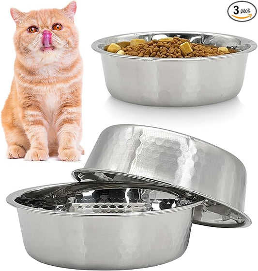 Fhiny 3 Pack Hammered Stainless Steel Cat Bowls, 2 Cups/16 Oz Premium Metal Puppy Feeder Bowl Set for Raised Feeding Station Basic Kitten Food & Water Dishes for Small & Medium Pets Dishwasher Safe