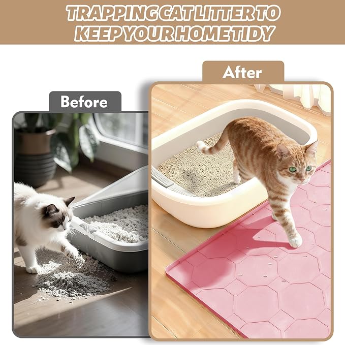 Silicone Cat Litter Mat, 34“ x 22” Waterproof Cat Litter Mats for Floors, Raised Edges Prevent Leaks and Make Cleaning Easy (Pink)