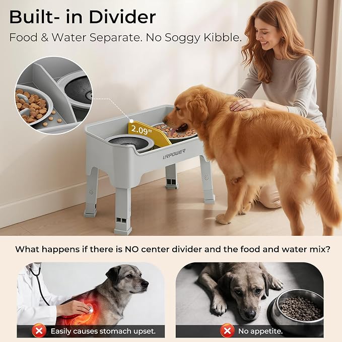 URPOWER Mess Proof Elevated Dog Bowls 4 Height Adjustable Raised Stand with No Spill Water Bowl and Slow Feeder Dog Bowls Non-Slip Food and Water Bowl Set for Small, Medium & Large Dogs