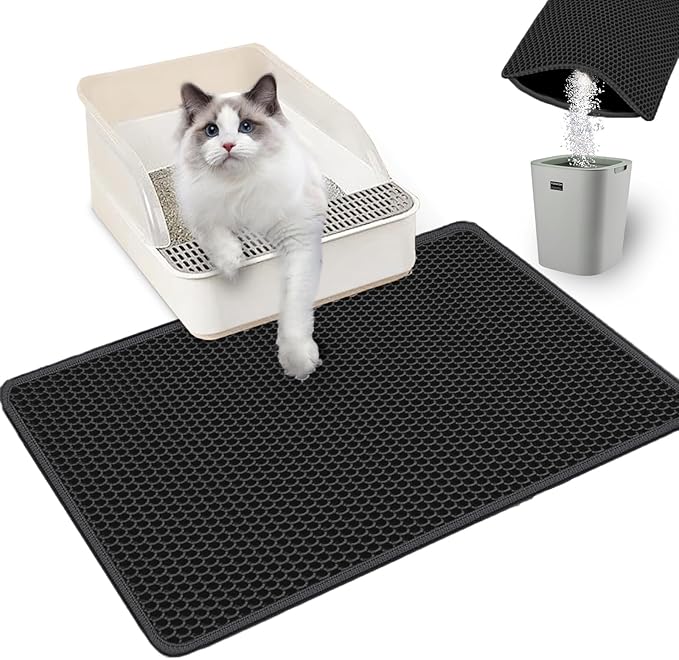 Ultra-Soft Cat Litter Mat 23.4"x14.7" Urine-Proof Non-Slip Black | Catches various litter, 3D large-pore, side-opening pour-out, easy clean, soft & durable, BPA-free, small litter mat