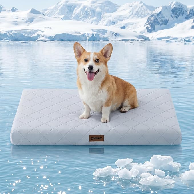 ZOMISIA Orthopedic Cooling Dog Beds Large Sized Dog, Q-Max>0.5 Cooling Mat with Removable Washable Cover, Breathable Egg Crate Foam Non-Slip Summer Pad for for Furry Pets Outdoor, 35x22 Inch, Grey