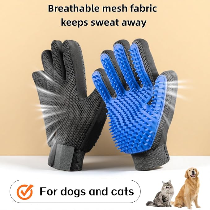 Pet Grooming Glove - Gentle Deshedding Brush Glove for Dogs & Cats, 2 Pack (Blue & Black), Efficient Pet Hair Remover Mitt, Soft Silicone Tips for Massage & Bathing