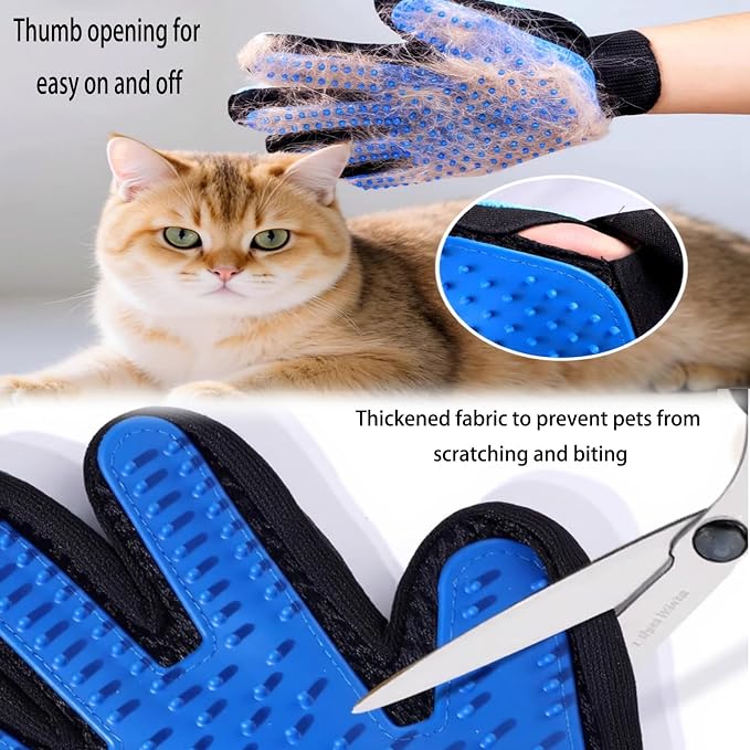 VCZONE 2 in 1 Cat Grooming Glove, Double-Sided Use Pet Hair Remover Glove, 1 Side is Gentle Grooming for Dogs, Cats, the Other is Effective Hair Remover for Furniture, Clothing (Blue, Right-Hand)