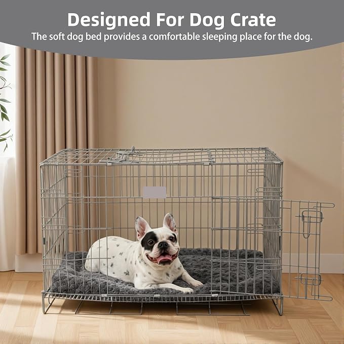 Exsnugy Washable Dog Bed Mat Large Size Fluffy Pet Crate Pad 42x28 XL | Non-Slip Bottom Kennel Beds Ultra Soft Comfy Sleeping Mattress for Large Medium Small Dogs Gray