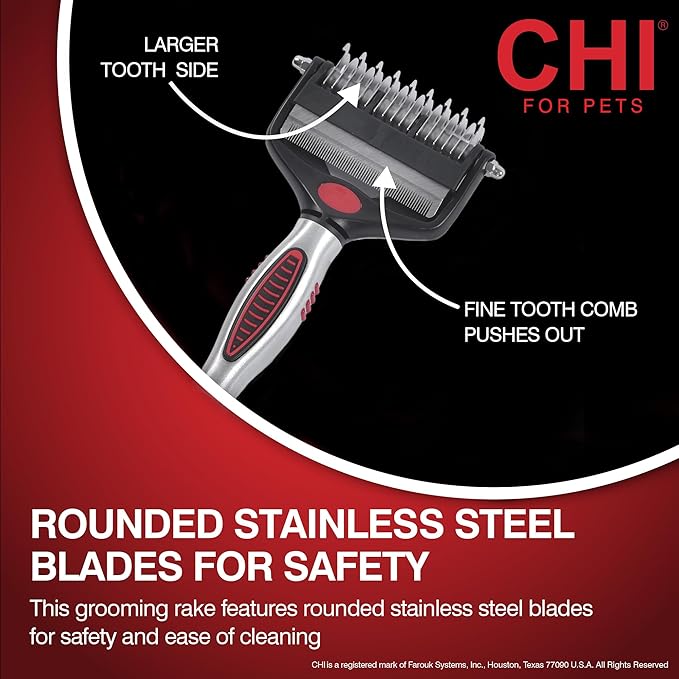 CHI for Dogs 2 in 1 Dematting and Deshedding Rake, Dual Head Dog Grooming Tool with Wide Tooth Dematting Rake and Fine Deshedding Rake, Detangler Comb for Thick Double and Long Dog Coat
