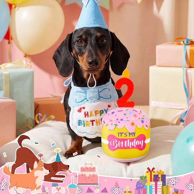 Dansydaisy Dog Birthday Cake Toy Squeaky Plush Toy for Girl Boy Gifts, Chew Accessories for Dog Birthday Party Decor Favor for Large, Medium and Small Dogs(2nd,Pink and Yellow)