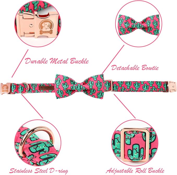·MR. CHUBBYFACE· Pink Cactus Dog Collar with Bow Cute Brown Pet Collar Bowtie Spring Girl Boy Puppy Collar for Small Medium Large Dogs