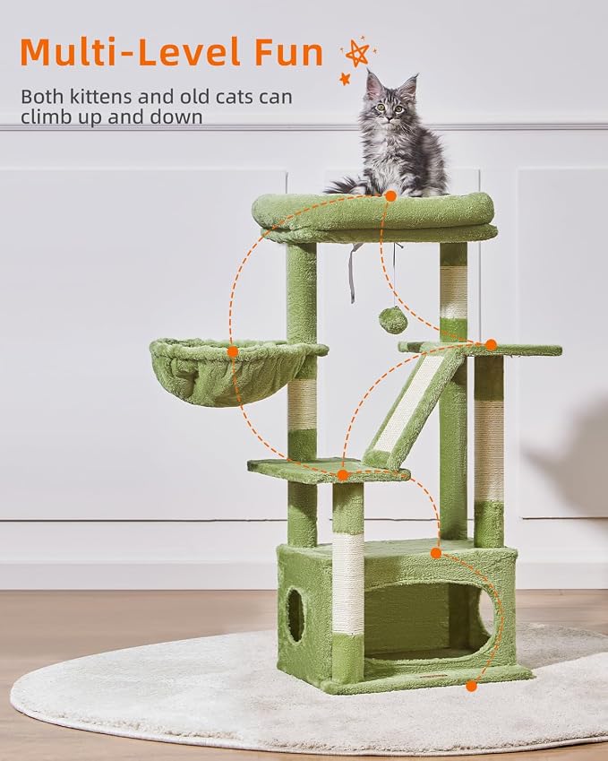 Taoqimiao Cat Tree, 38.5In Cat Tower for Indoor Cats, Suitable for Kittens | Thick Padded Top Perch, Luxurious Cat Condo, Adjustable Basket, 1-Piece Ramp Scratcher, 3 Sisal Posts, Green, MS029SGR