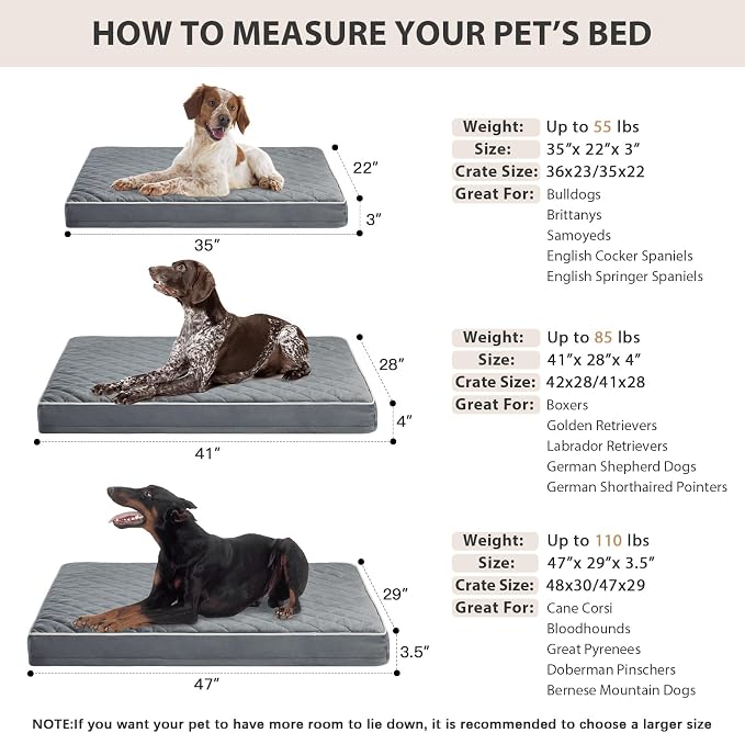 WNPETHOME Orthopedic Waterproof Large Dog Bed for Crate Cozy Sleep | Washable Large Pet Bed with Removable Cover, Multi-Needle Quilting Dogs Crate Beds Grey 35x22 Inch