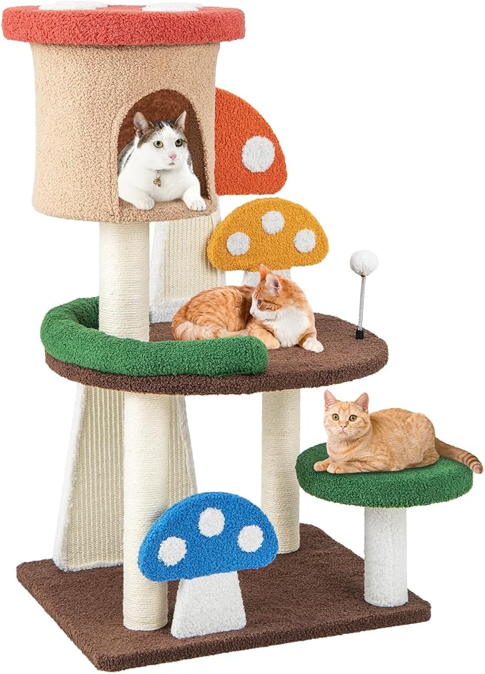 PETSITE Mushroom Cat Tree, 40.5-inch Tall Multi-Level Cat Tower with Natural Sisal Scratching Posts & Boards, Cat Condo and Spring Ball, Cute Cat Tree Tower for Indoor Cats Large Adults, Patented