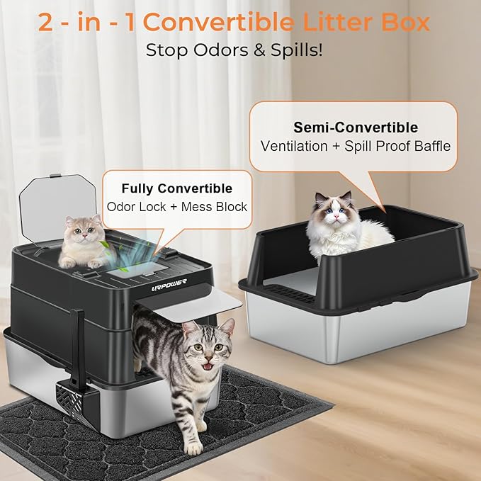 URPOWER Stainless Steel Cat Litter Box with 110° Flip-Top Lid, XL Enclosed Metal Litter Box for Large Cats, Odor Control, Anti-Urine Leakage, Non-Stick Pan, Front Entry Top Exit, Scoop & Mat Included