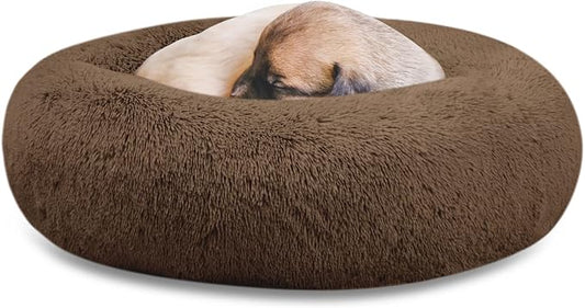 SAVFOX 20 inches Calming Donut Dog Bed - 3X Durable Plush Faux Fur, Machine Washable & Non-Slip, Fits up to 15 lbs, Brown