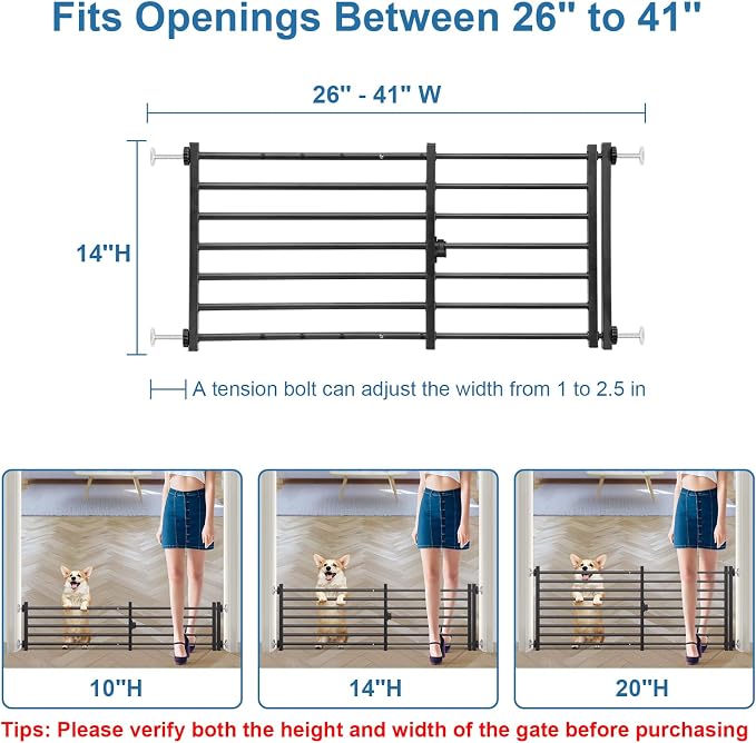 Malier Indoor Dog Gate with Door, 26-41" Extra Wide Full Metal Pet Gate Short Dog Gate for Stairs, Pressure Mount 14'' Tall Small Puppy Low Gate Easy Step Over for Doorways