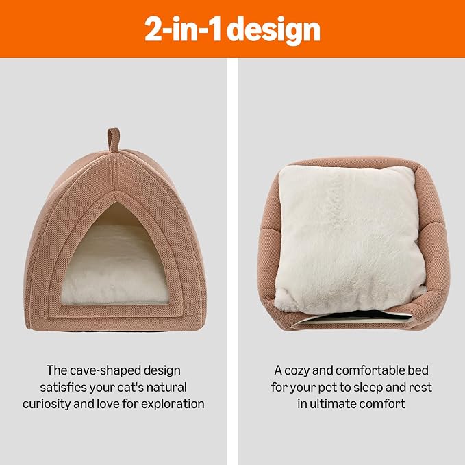 Amazon Basics Cat Cave Bed, 2-in-1 Foldable House for Indoor Cats, with Washable Cushion and Non-Slip Base, 15 x 15 Inches, Small, Pink