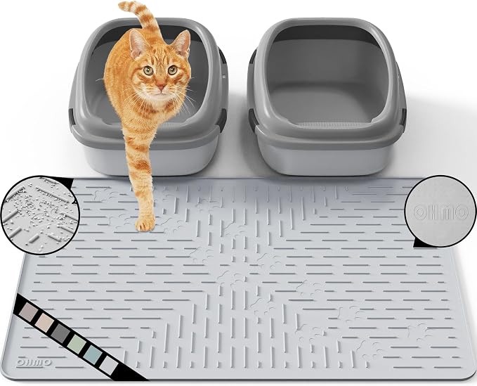 OHMO Large Cat Litter Mat, 31.5x23.6 Silicone Trapping Mat Ash Grey | for Kitty Litter Box, Easy Clean, BPA Free Rubber, Center Litter Collection, Easy Pour-Back, Waterproof, Odor-Resistant