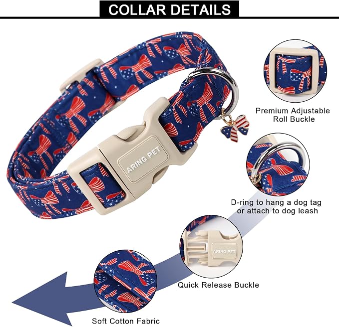 ARING PET 4th of July Collars for Dogs, Fourth of July Patriotic Bow Flag Red Blue Dog Collar for Puppy Small Medium Large Boy Girl Doggy-XS