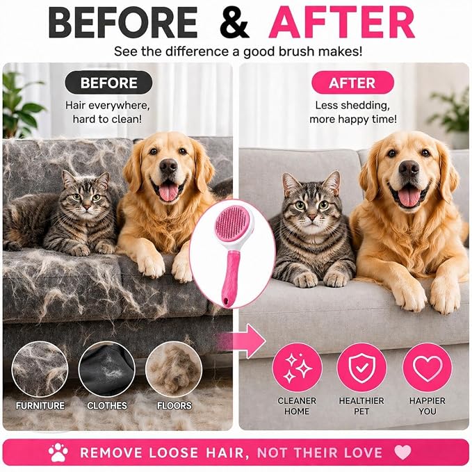 Pet Grooming Deshedding Brush, Self-Cleaning Massaging Brush for Dogs and Cats, Short and Long Hair (Pink)