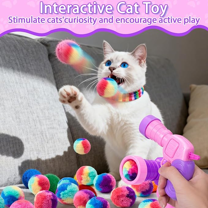 Mity rain 51PCS Cat Ball Launchers & Pom Pom Balls Interactive Cat Toy Set – Safe Soft Plush Kitten Toys for Indoor Cats, Fun Kitten Toys for Endless Active Play
