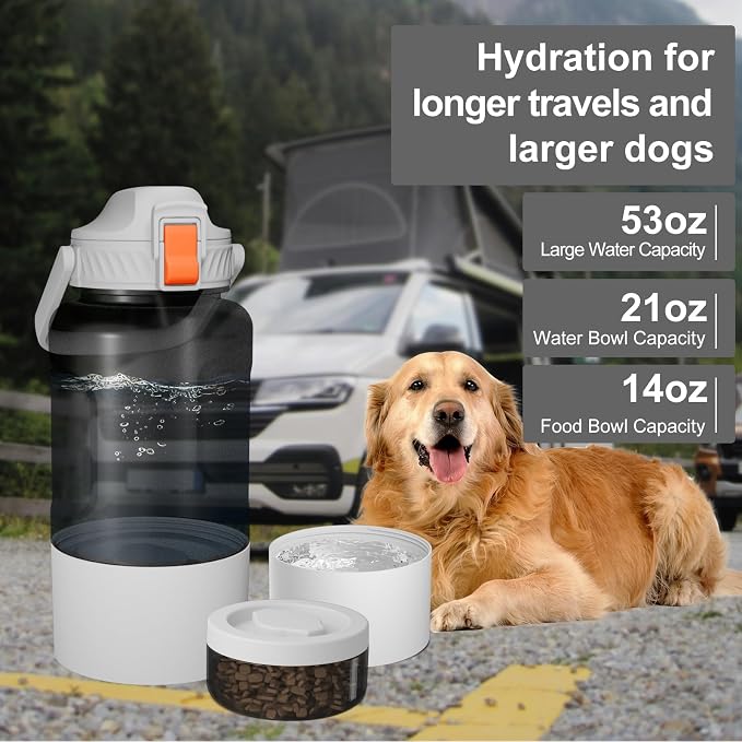 Cibaabo 53oz Large Dog Water Bottle with Water & Food Bowl, 3-in-1 Portable Pet Feeding & Hydration Dispenser for Large Dogs & Humans, Leak-Proof Tritan Bottle for Hiking, Camping, Walking, Car Trips