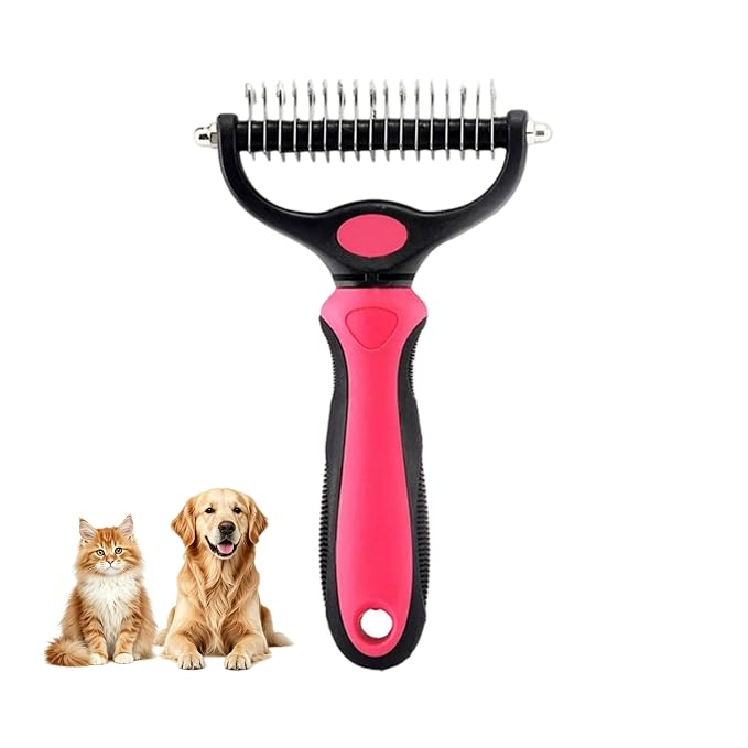 Dematting Comb for Dogs and Cats, Undercoat Rake Pet Brush for Long Hair, Deshedding Dog Brush Removes Tangles Knots and Loose Fur, Grooming Tool for Thick Coats (Pink L)