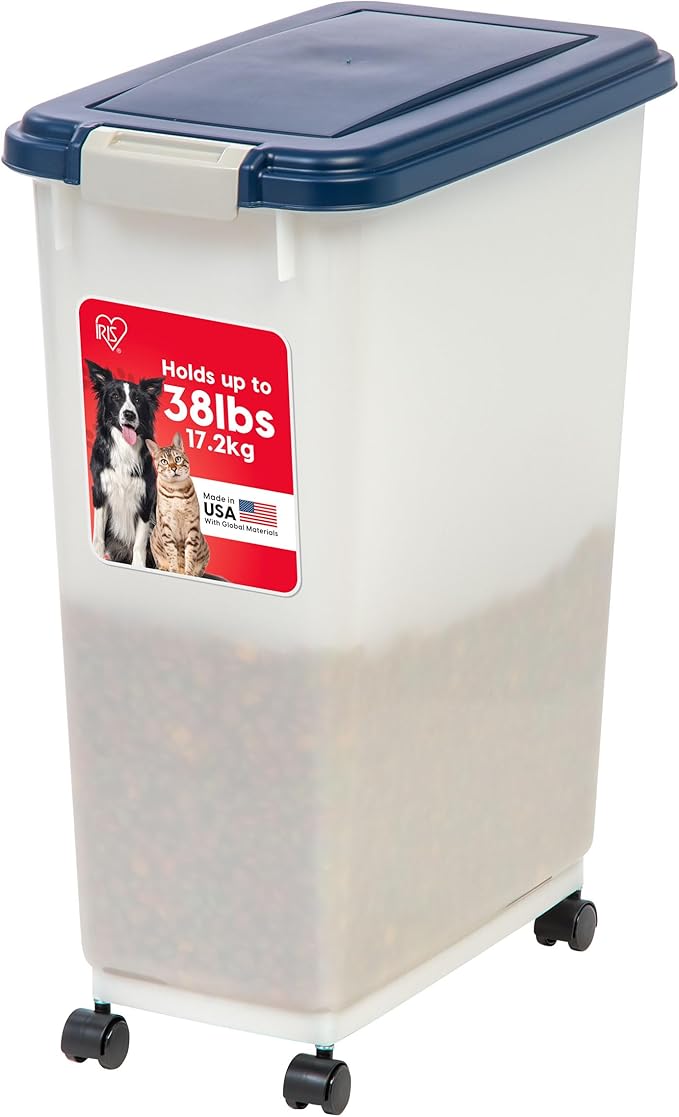 IRIS USA Dog Food Storage Container, Up to 38 lbs, Navy/Pearl, Made in USA | Wheels for Mobility, Airtight Seal, BPA-Free, Best for Bird Seed, Cat food, Cat Litter, Chicken Feed, Pellets