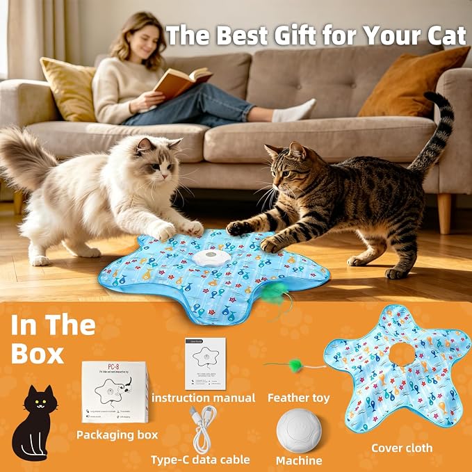 Interactive Cat Toy, Peek-a-Boo Series – Hidden Feather Wand, Rechargeable Indoor Hunting Toy, Squeaky Bird Sound, and Small Fish Pattern Cover