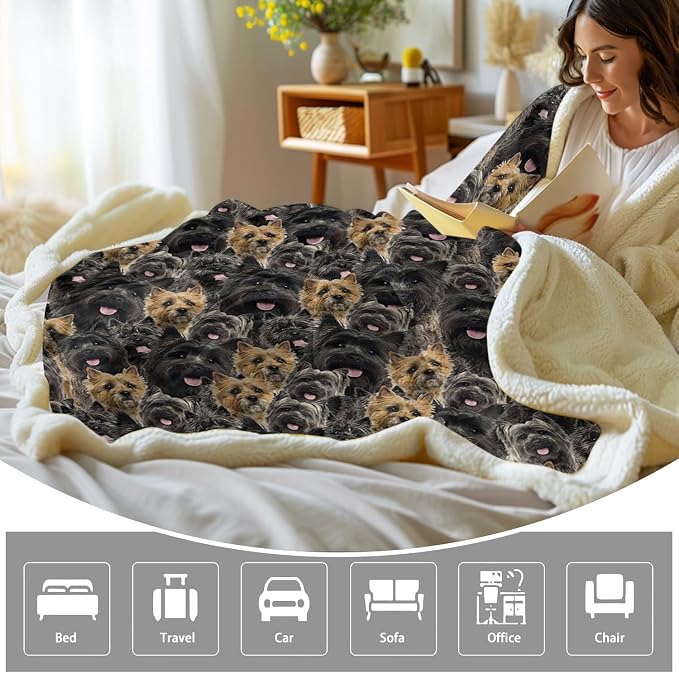 BlessLiving Fuzzy Dogs Blanket for Kids Adults Cute Puppy Fleece Blanket Reversible Animal Pattern Sherpa Throw (Cairn Terrier,Throw, 50 x 60 Inches)
