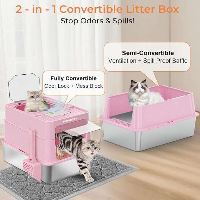 URPOWER Stainless Steel Cat Litter Box with 110° Flip-Top Lid, XL Enclosed Metal Litter Box for Large Cats, Odor Control, Anti-Urine Leakage, Non-Stick Pan, Front Entry Top Exit, Scoop & Mat Included