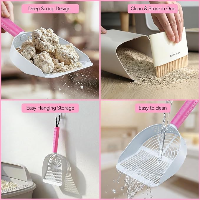 Cat Litter Scoop with Holder, 3 in 1 Metal Kitty Scooper, Heavy Duty Deep Litter Sifter with Dustpan & Mini Broom, Dual Coarse & Fine Grid, Quick Sift, Universal for All Cat Litter