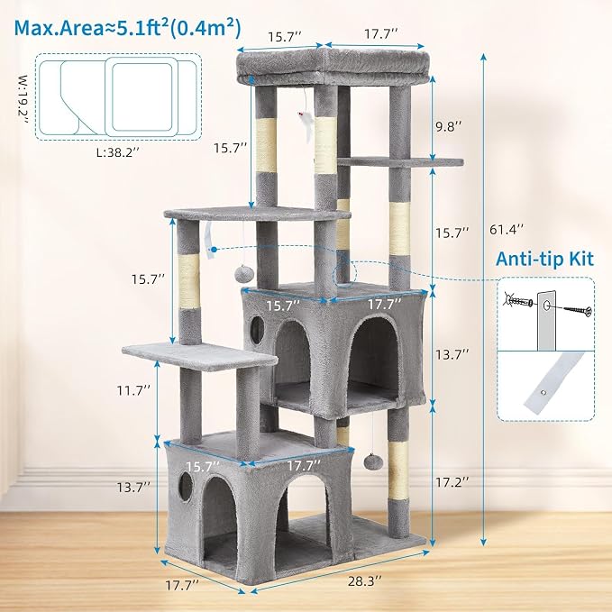 61" Large Cat Tree Tower for Indoor Cats, Heavy-Duty Multi-Level Cat Condo for Maine Coon & Big Cats with Extra-Large Perch, 2 Spacious Houses, Sisal Scratching Posts & Hanging Toys - Light Gray