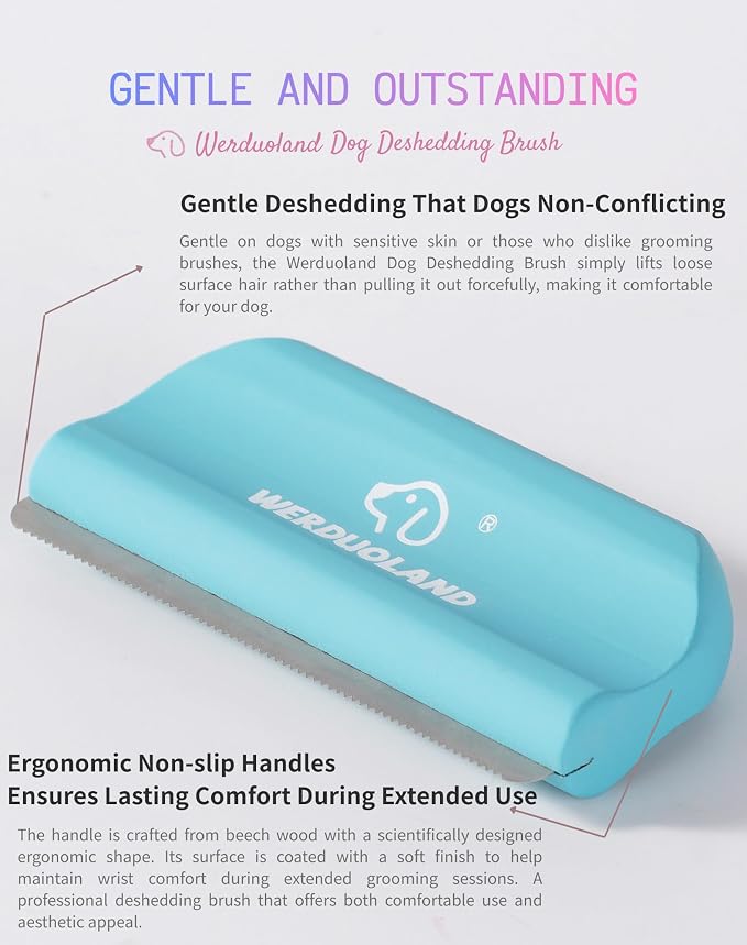 Deshedding Brush for Dogs and Cats, Wooden Ergonomic Handle | For short, long, double-coated dogs and cats. Gently removes loose undercoat without scratching. Wooden ergonomic grip.