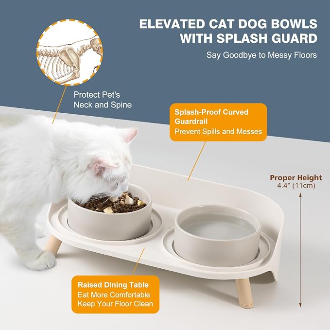 Raised Cat Food and Water Bowl Set - Elevated Ceramic Dishes with Non-Slip Stand and Splash Guard for Small Dogs - 2 x 320 ML (4.9 OZ) - Grey
