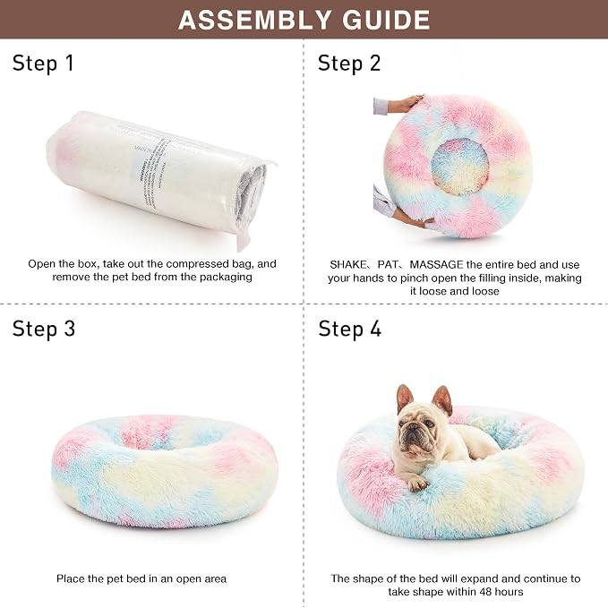 Love's cabin Calming Cat Bed for Indoor Cats, Anti-Anxiety Donut Round Dog Bed,Fluffy Faux Fur Washable Pet Bed for Small Medium Dogs and Cats, Rainbow, 20in
