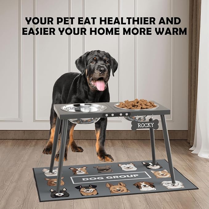 ADENGL Elevated Dog Bowls for Large Extra Large Pet, Raised Dog Bowl Stand with Sprill Proof Mat and Bowls (2000ml/70oz), Pet Food & Water Bowl 15.5" Tall Dogs Feeder for Extra Large Breed, Grey
