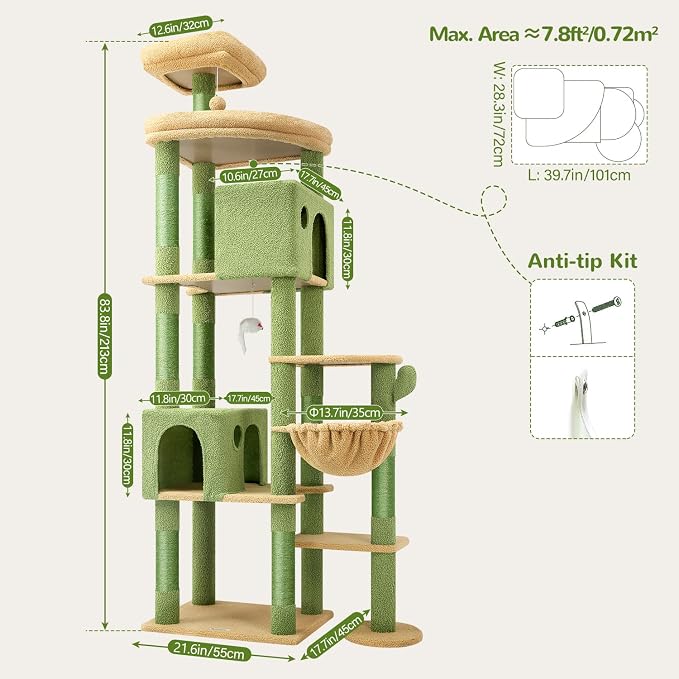 Globlazer Cactus Giant Cat Tree for Indoor Large Cats, 83in, F83, Green | XXL Cat Tower with 9 Scratching Posts for 20lb+ Heavy Duty Large Adult Cats