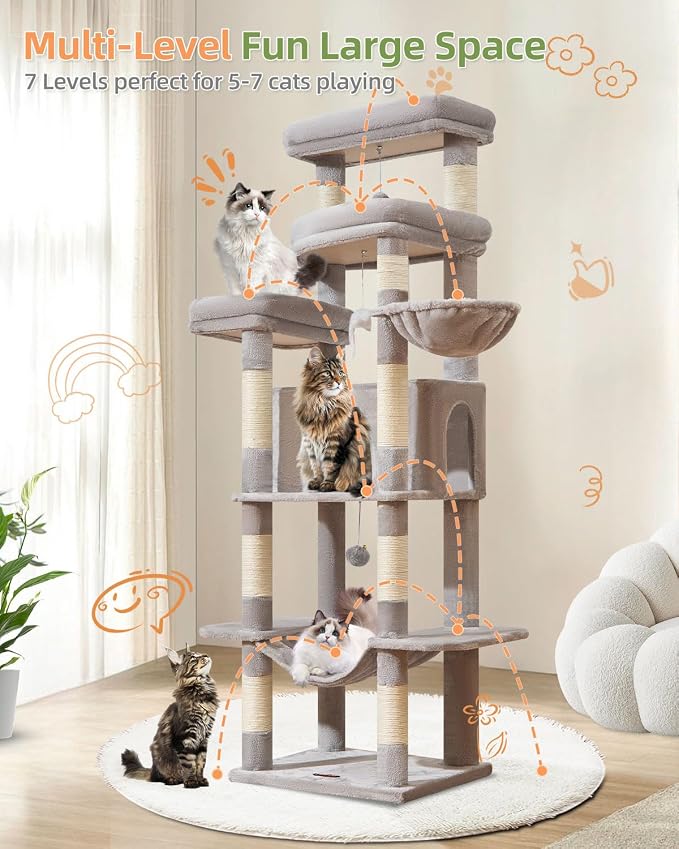 Taoqimiao Heavy-Duty Cat Tree, 71 in Cat Tower for Large Cats 20lbs+ | 3 Giant Multi-Tier Perches, Widened Cat Condo with 9 Scratching Posts, Plush Hammock & Basket, Toys, Light Gray, MS034W
