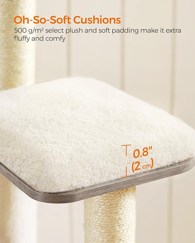 Feandrea Cat Tree, 64.6-Inch Modern Cat Tower, Multi-Level Condo with 5 Scratching Posts, Perch, Washable Removable Cushions, Cave, Heather Greige UPCT166G01 | Contemporary Cat Condo for Indoor Cats, Perch, Washable Removable Cushions, Heather Greige, ...