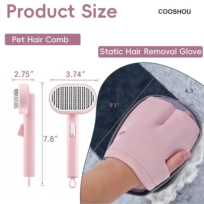 2 Pack Pet Hair Remover Kit Self Cleaning Slicker Brush for Cats Dogs & Electrostatic Grooming Glove One-Click Deshedding Brush Pet Hair Remover for Furniture Couch Clothes(Pink)