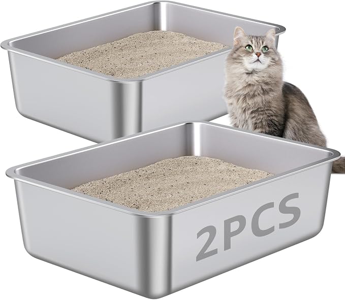 Stainless Steel Litter Box 2 Pack-Metal Litter Cats Boxes, XL Stainless Steel Cat Litter Box 17.7"x13.8"x6"(Height), Easy Clean Non Stick