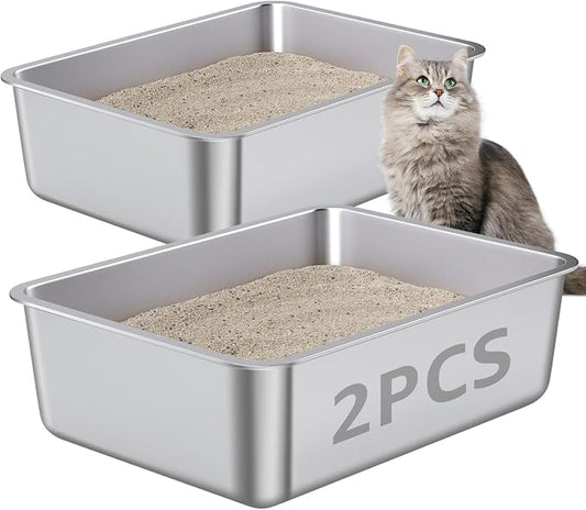 Stainless Steel Litter Box 2 Pack-Metal Litter Cats Boxes, XL Stainless Steel Cat Litter Box 17.7"x13.8"x6"(Height), Easy Clean Non Stick