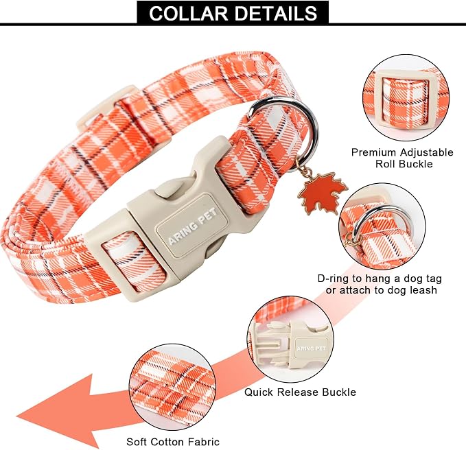 ARING PET Fall Dog Collars, Cute Orange White Plaid Halloween Autumn Pumpkin Maple Leaves Pet Collar with Quick Release Buckle for Small Medium Large Girl Boy Dogs-M
