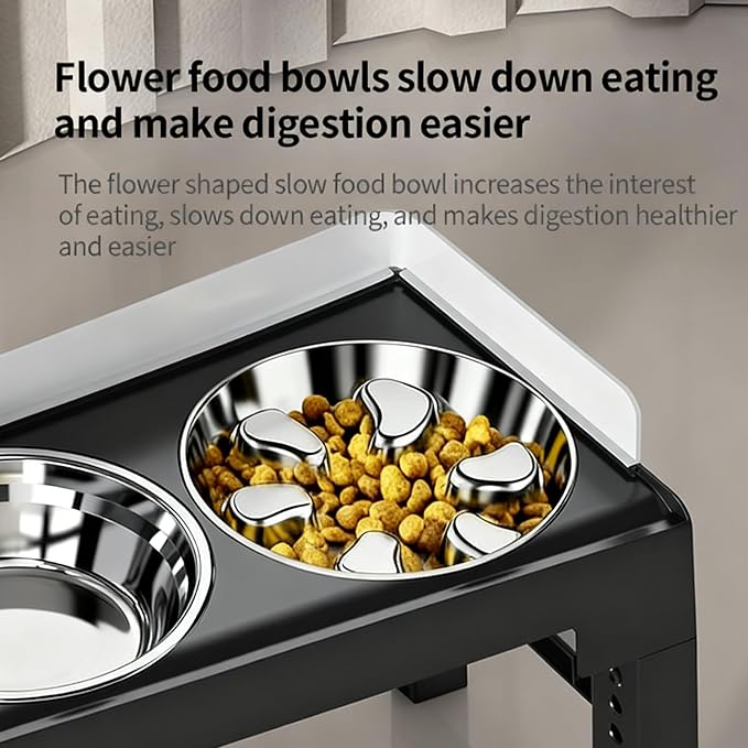 Elevated Dog Bowls with Stainless Steel Slow Feeder Bowl for Medium and Large Dogs, Spill-Proof Tiltable Dog Feeder with 2 Bowls, 6-Height Adjustable Raised Dog Bowl Stand