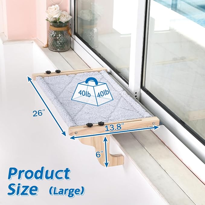 Zakkart 2-PC Easy Seat Cat Perch for Windowsill (Natural Wood/Gray, L) | Value 2-PC for Multi-Cat Home, Hook-On Windowsill Mount, Premium Wood & Robust Metal Frame, Hold up to 40 lbs, 26"W x 14"D