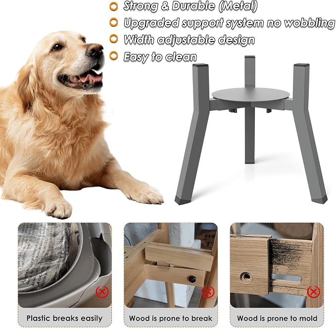 Elevated Dog Bowl Stand for Large Dogs with Platform, Adjustable Width 7-10.6", Raised Food Water Bowl Stand, Grey, Bowl NOT Included