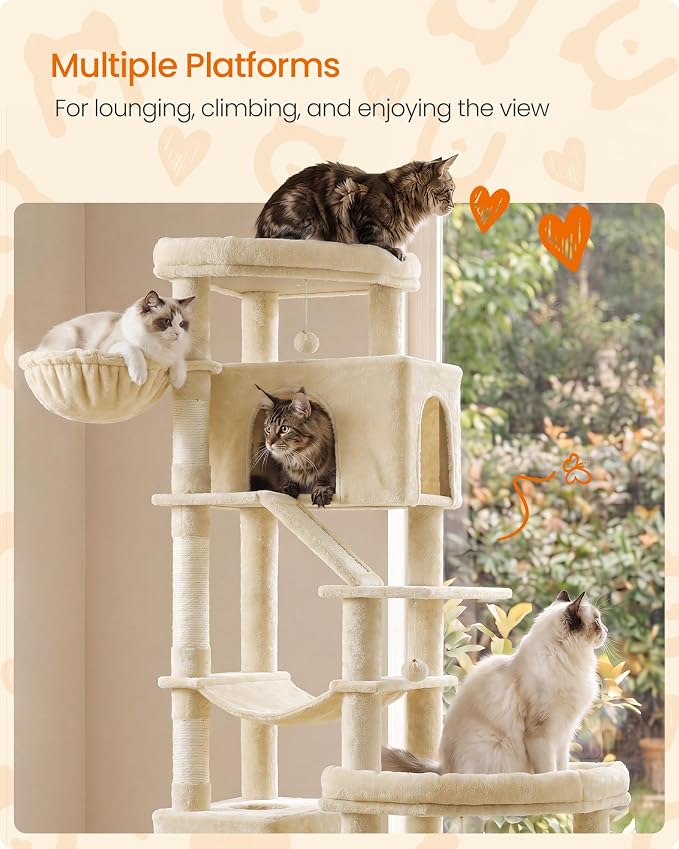 Feandrea Multi-Level Cat Tree for Large Cats, 79.5 inch Tall Cat Tower with 6 Resting Areas and Sisal Scratching Posts, 41.3 x 17.7 x 79.5 inch, Beige Clawfy Collection UPCT020Y101