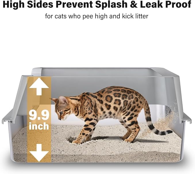 XL Stainless Steel Litter Box with High Sides, Extra Large Metal Cat Litter Box for Big Cats, Anti-Urine Leakage, Easy Clean, Non-Sticky, Includes Scoop & Mat